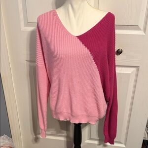 Anthropology Colorblock V-Neck Sweater - Pink and Magenta Open Back